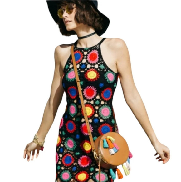 H&M X Coachella Granny Square Knit Bright Colorful Boho Cover Up Dress Size 4 - Picture 2 of 10